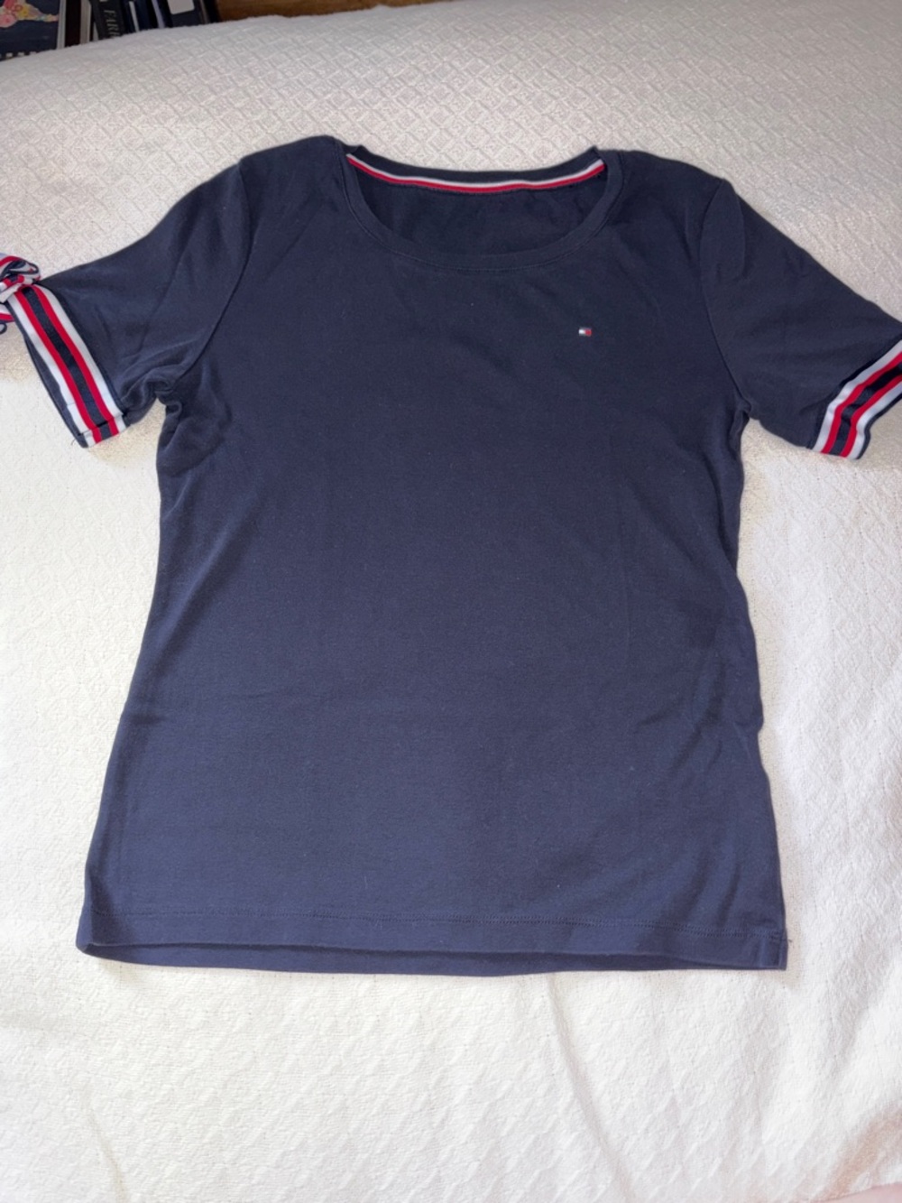 Tommy Hilfiger Navy Top with Red and White Striped Sleeves